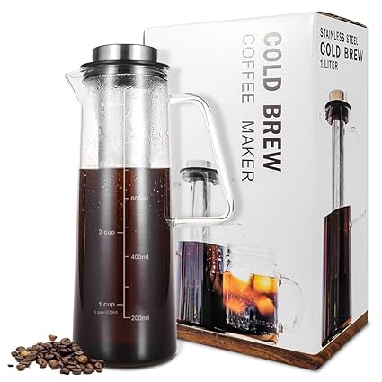 TOP-MAX Cold Brew Coffee Maker, TOP-MAX Airtight Cold Brew Iced Coffee Maker and Tea Pitcher with Spout - 1.0L / 34oz Brewing Glass Coffee Carafe