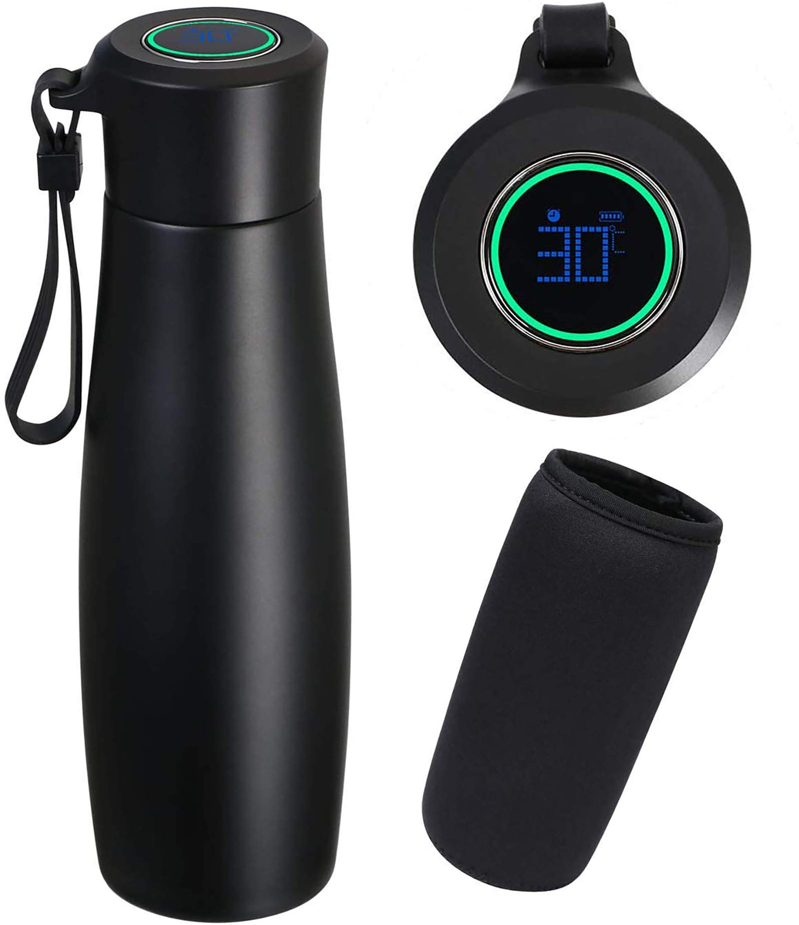 flintronic Drink Flasks, 400ML Vacuum Cup Flasks Rechargeable LCD Temperature Display | 304 Stainless Steel Hot & Cold Sports Drinks Bottle for Home, Office (1*USB Cable & Bottle Bag Include) Black