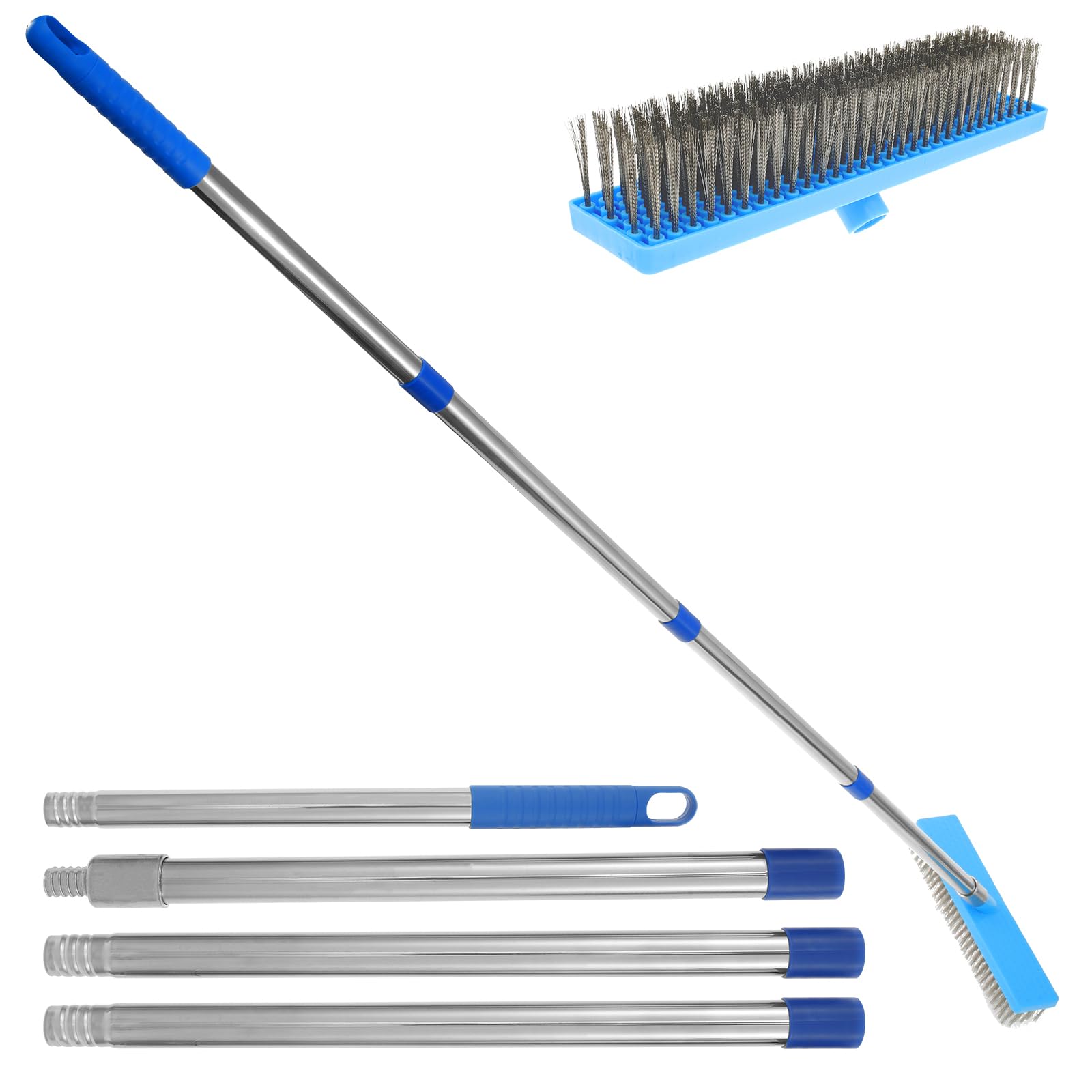 67" Stainless Steel Wire Broom With 4 Detachable Pole Deck Scrub Brush Long Handle Floor Bristles Brush Tile Cleaning Tool for Moss Grout Garden Garage Pool