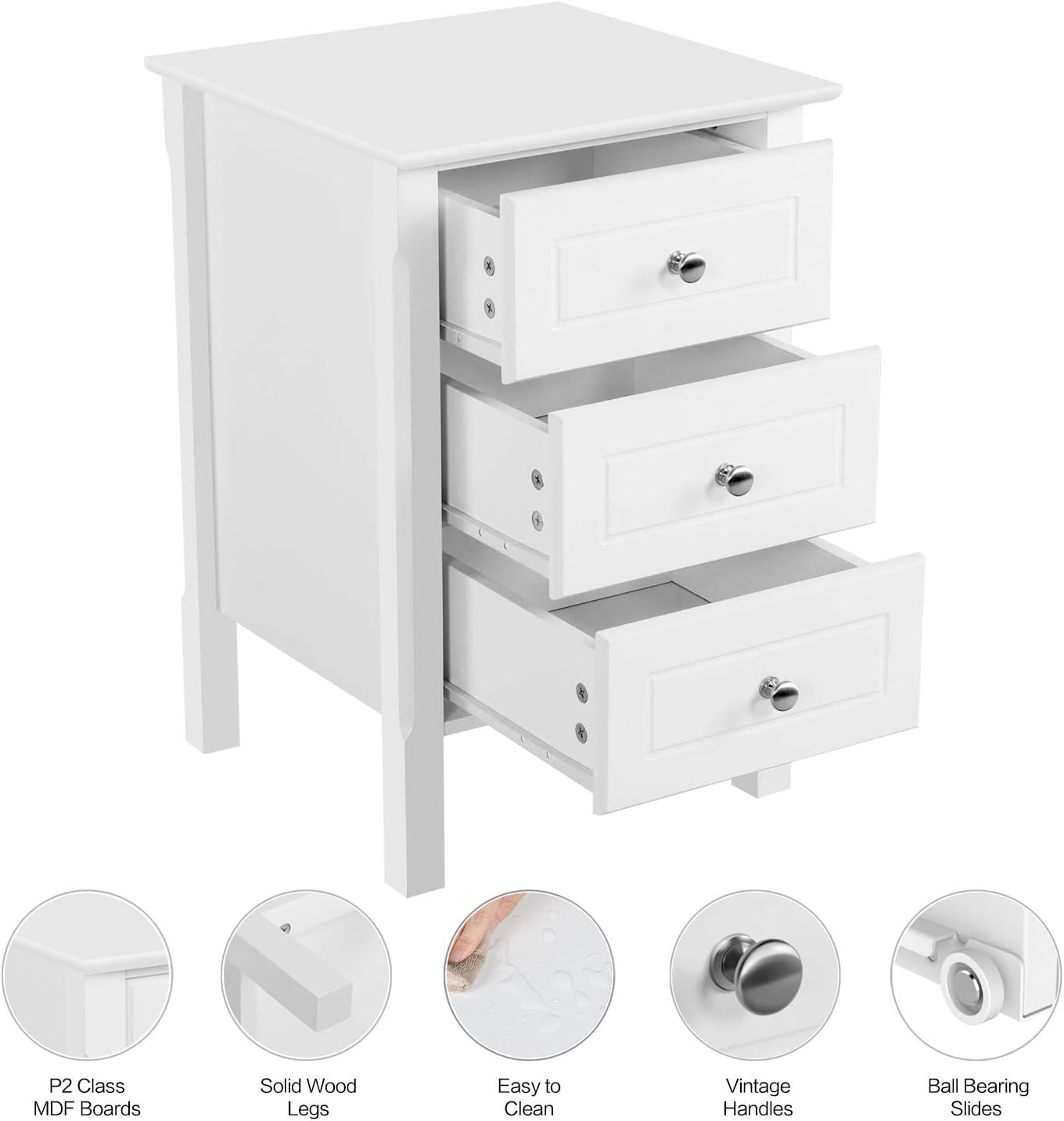 YAHEETECH White Wood Nightstand 3 Drawers Bedside Table Cabinet with Solid Wood Legs Bedroom Furniture: Furniture & Decor