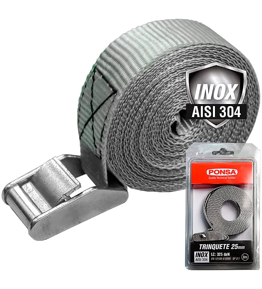 PONSA INOX T25 – Professional Lashing Strap 3 meters with Inox Buckle – Non-Rusting Tie Down Strap - Real Break 650 kg (in Hoop Shape)