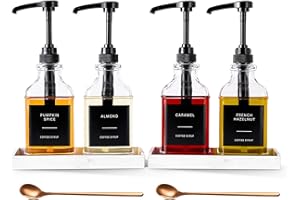 MUVEKA Coffee Syrup Dispenser for Coffee Bar, Glass Syrup Dispenser with Pump, Coffee Syrup Pump Dispenser Bottle with Tray, Spoon for Coffee Station, Coffee Bar Organizer, Black,16.9 oz, 500 ml