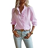 Pinclodly Womens Button Down Shirt Stand Collar Ruffle Top Striped Long Sleeve Shirts Work Tops for Women Trendy