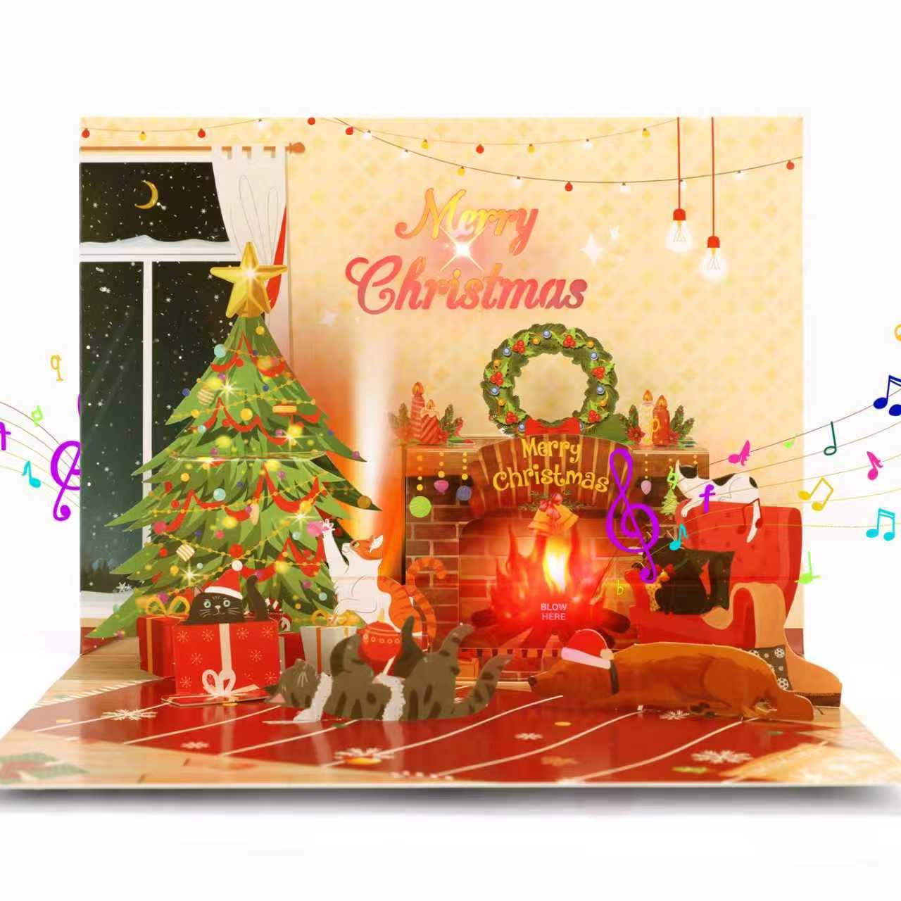 Christmas Card, Musical Christmas Card for Kids, Women, Men, Pop-up Xmas Card Gift for Boys, Girls, Wife, Husband, Granddaughter, Grandson, Parents, Blow the Fireplace and Play Christmas Music