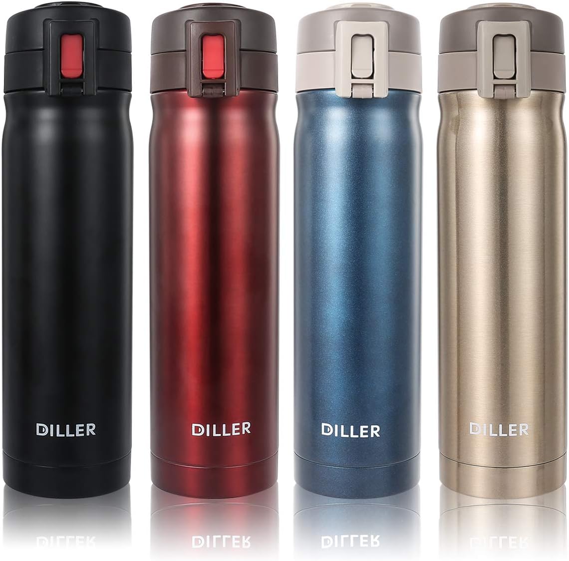 DILLER Vacuum Insulated Water Bottle - 17oz Thermos Coffee Travel Mug, Thermal Drink Flask with Handle Keeps 24 Hours Cold & 12 Hours Hot (Red, 17 oz)