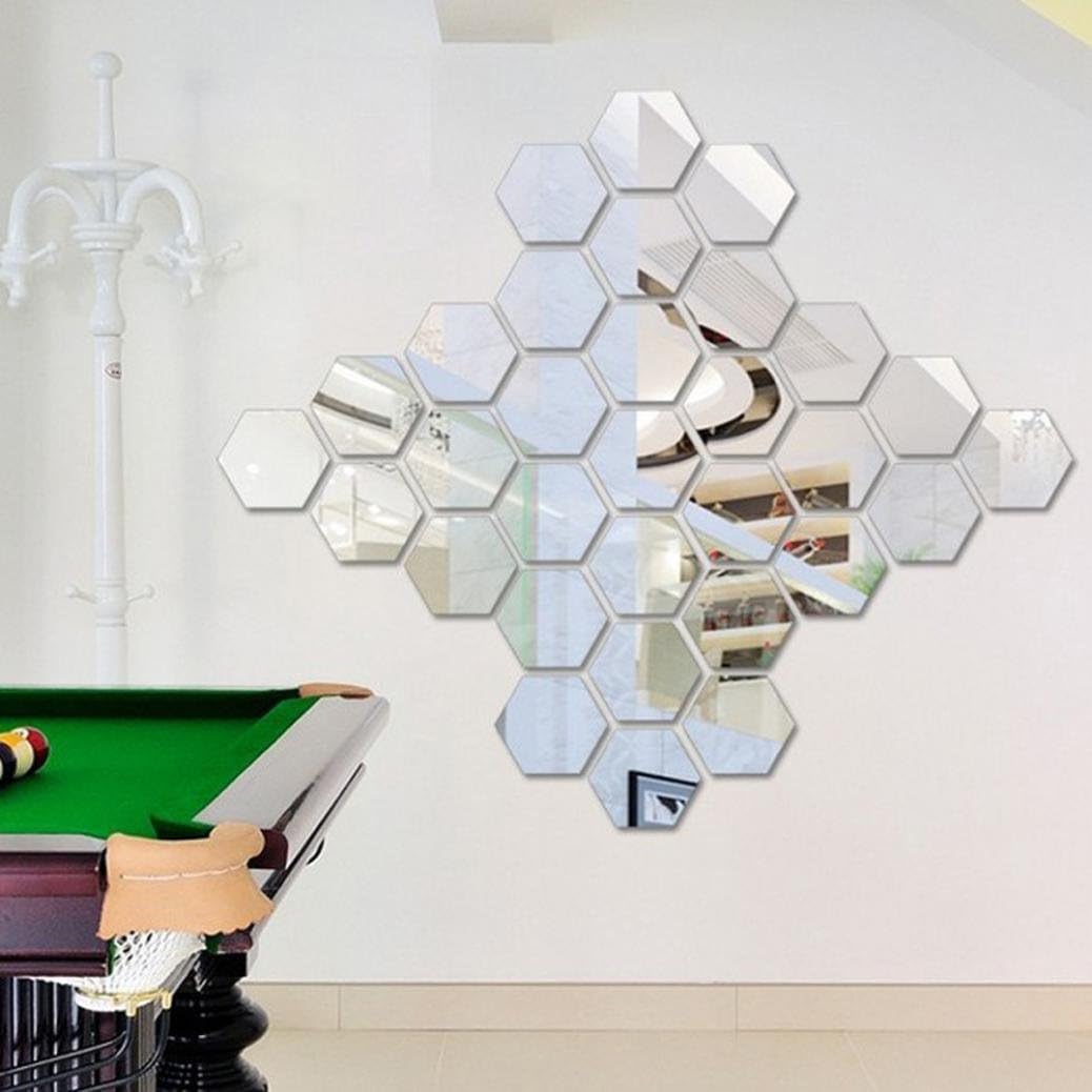 Quaant Wall Sticker,12Pcs 3D Mirror Hexagon Vinyl Removable Wall Sticker Decal Home Decor Art DIY Wall Stickers Living Room Bedroom Home Decoration (Silver)
