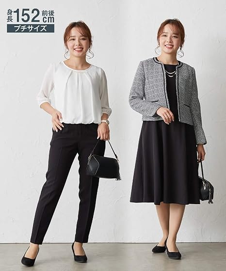 Amazon Nissen ニッセン 小さいサイズ フォーマルウェア ワンピース 入学式 卒業式用 入園 入学 卒園 卒業 小さいサイズ フォーマル4点セット ツイード調ノーカラージャケット パールネックレス付きブラウス テーパードパンツ 5分袖ワンピース