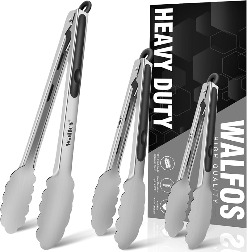 Walfos Kitchen Tongs 3pc Set Food Grade Stainless Steel Non-Slip Grip 18-30cm