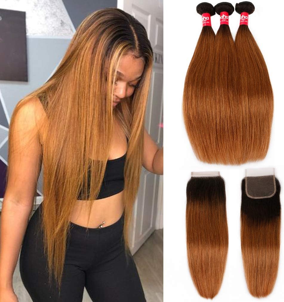 Haha Ombre Bundles with Closure T1B/30 Ombre Brazilian Straight Hair 3 Bundles With Closure 2 Tone Black to Medium Auburn Virgin Human Hair Weave Bundles with Lace Closure 10 10 10+10