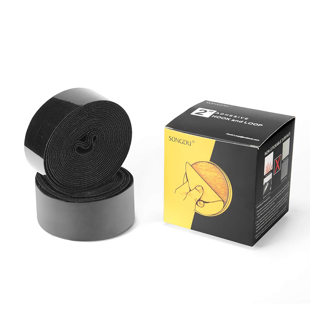 2 Inch Adhesive Black Hook and Loop Tape - 5 Yards, Heavy Duty Strips/Industrial Strength Sticky Fastener
