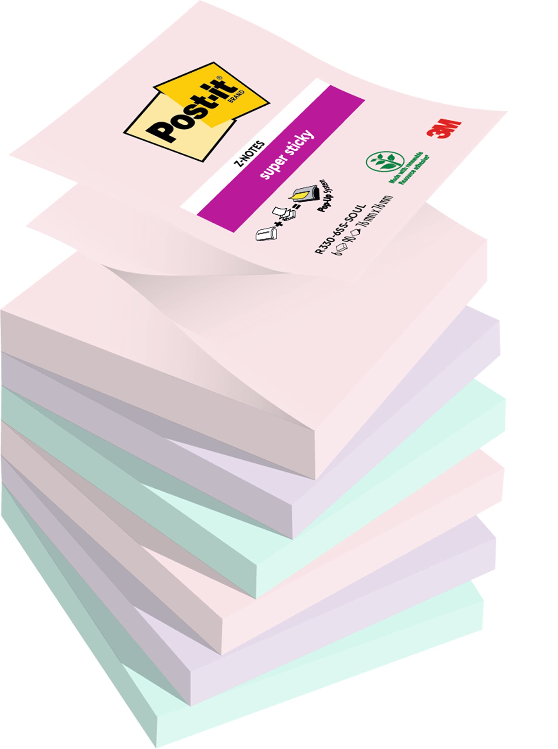 Post-it Super Sticky Z-Notes, 540 Sheets, Pack of 6 Pads, 76 mm x 76 mm - Holds Strong to Many Surfaces - Pink, Purple, Green - for Walls, Monitors and Fridge, Recycable