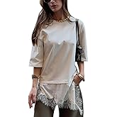 Perbai Womens Summer Crew Neck Short Sleeve Shirt Dress Lace Trim Asymmetrical Hem Mini Tunic Dresses