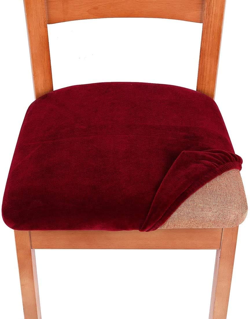 smiry Stretch Chair Seat Covers for Dining Room Velvet Dining Chair Seat Protectors Chair Slipcovers, Set of 4, Wine Red - Image 4