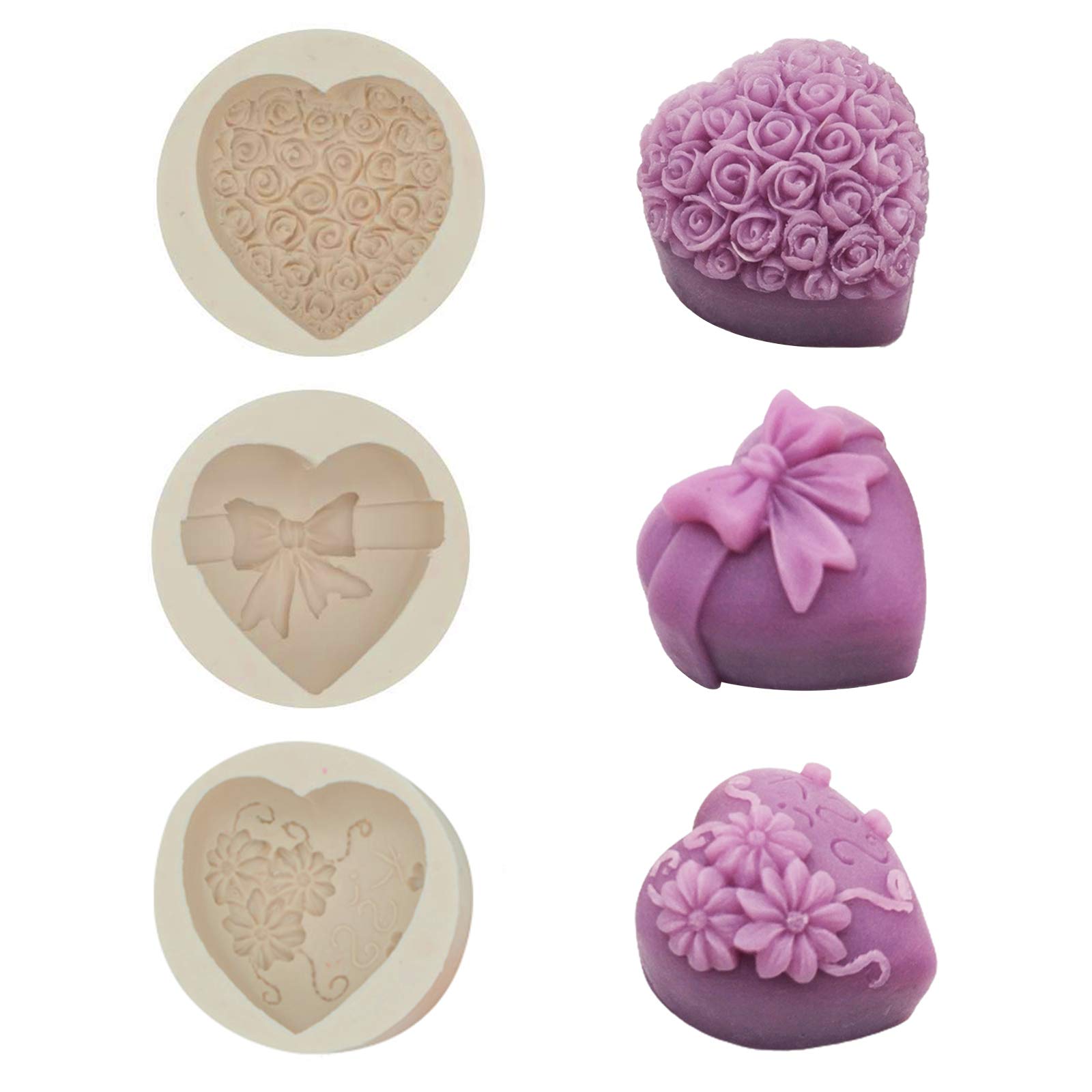 Keleily Silicone Soap Mold,3PCS Single Cavity Soap Molds Rose Mousse Cake Silicone Mold 3D Flowers Heart Chocolates Silicone Mould for Wedding Birthday Baby Shower Christmas DIY Party Gift
