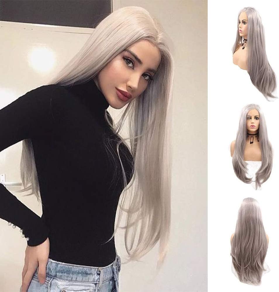Silver Lace Front Realistic Wigs Grey Lace front Wigs for Women Long Straight Gray Synthetic Wigs Natural Hairline Glueless Heat Resistant Fiber Hair Drag Queen Daily Wear Afro Wig 24 Inch