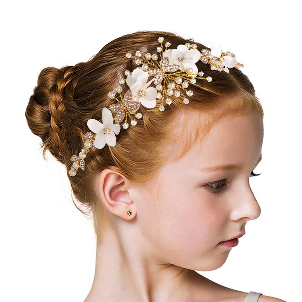 IYOU Princess Gold Flower Headpiece Pearl Hair Dress Crystal Bridal Wedding Hair Accessories for Girls