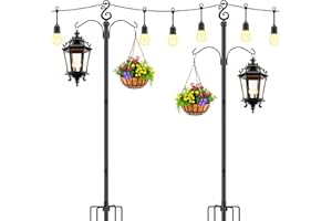 WOWARE 10 Ft Height 1 Inch Diameter String Light Poles StringLight Stand with Hooks Metal Poles for Outside Patio Yard Garden Backyard (10Ft Pole with Hooks, 4)