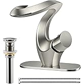 Elegant Alien Brushed Nickel Bathroom Sink Faucet Single Hole,AUU Waterfall Vanity Sink Faucet Solid Brass,Single Handle Basin Tap with Pop Up Drian&Deck Plate