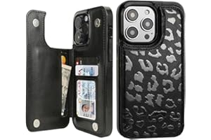 uCOLOR Compatible with iPhone 14 Pro 6.1 Inch Wallet Case with Card Holder Folio Flip PU Leather Kickstand Card Slots Case Double Magnetic Clasp and RFID Blocking Cover Orange (Black Leopard)