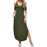 HUSKARY Women's Summer Maxi Dresses V Neck Cold Shoulder Short Sleeve Casual Loose Long Split Dress with Pocket
