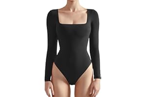 SUUKSESS Women Square Neck Long Sleeve Bodysuit Sexy Thong Bodysuit Shirts