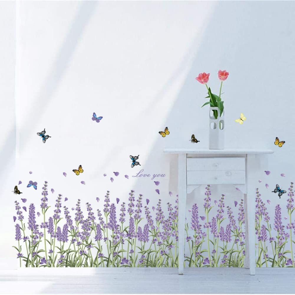 Runtoo Lavender Flower Wall Corner Decals Butterfly Grass Baseboard Skirting Line Wall Stickers Living Room Kids Bedroom Wall Art Decor