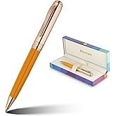 MCNTEIK Luxury Gel Pen, Top Set With 8mm Brilliant Diamond,Bright Orange Pen Lacquer,Rose Real Gold Finish, Black Refill,Elegant Gift Pen For Women, Unique, Office,Nice Designer Pens