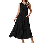 Seta T Women's Summer Dresses Sleeveless Crewneck Sundress Tiered Casual Flowy Midi Dress with Pockets