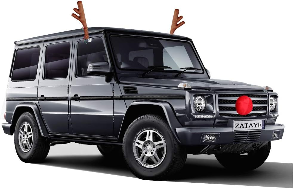ZATAYE Car Reindeer Antlers & Nose - Window Roof-Top & Front Grille Rudolf Reindeer Vehicle Costume with Jingle Bells Car Antlers, Reindeer Antlers for Car with Plush Reindeer Nose for Car Grille