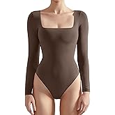 SUUKSESS Women Square Neck Long Sleeve Bodysuit Sexy Thong Bodysuit Shirts