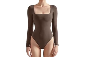 SUUKSESS Women Square Neck Long Sleeve Bodysuit Sexy Thong Bodysuit Shirts
