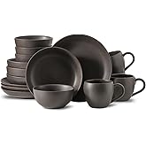 Tikooere Dinnerware Sets, Stoneware Plates and Bowls Sets, Farmhouse 16 Piece Dish Set for 4, Ceramic Plates Set with Mugs for Kitchen, Scratch Resistant, Dishwasher & Microwave Safe, Matte Black