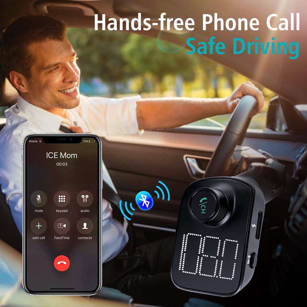 FM Transmitter, Bluetooth FM Transmitter Car Radio Adapter MP3 Player Wireless Car Charger Bluetooth 5.0 with Dual USB Ports, TF Card Slot, Hands-free Car Kits For iPhone, Android and Most Devices