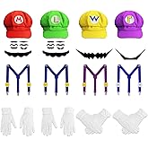 4 Set Super Bros Halloween Costume for Adult,Super Bros Hats Accessories Mary Luigi Caps, Mustaches, Suspenders, Gloves Buttons Set