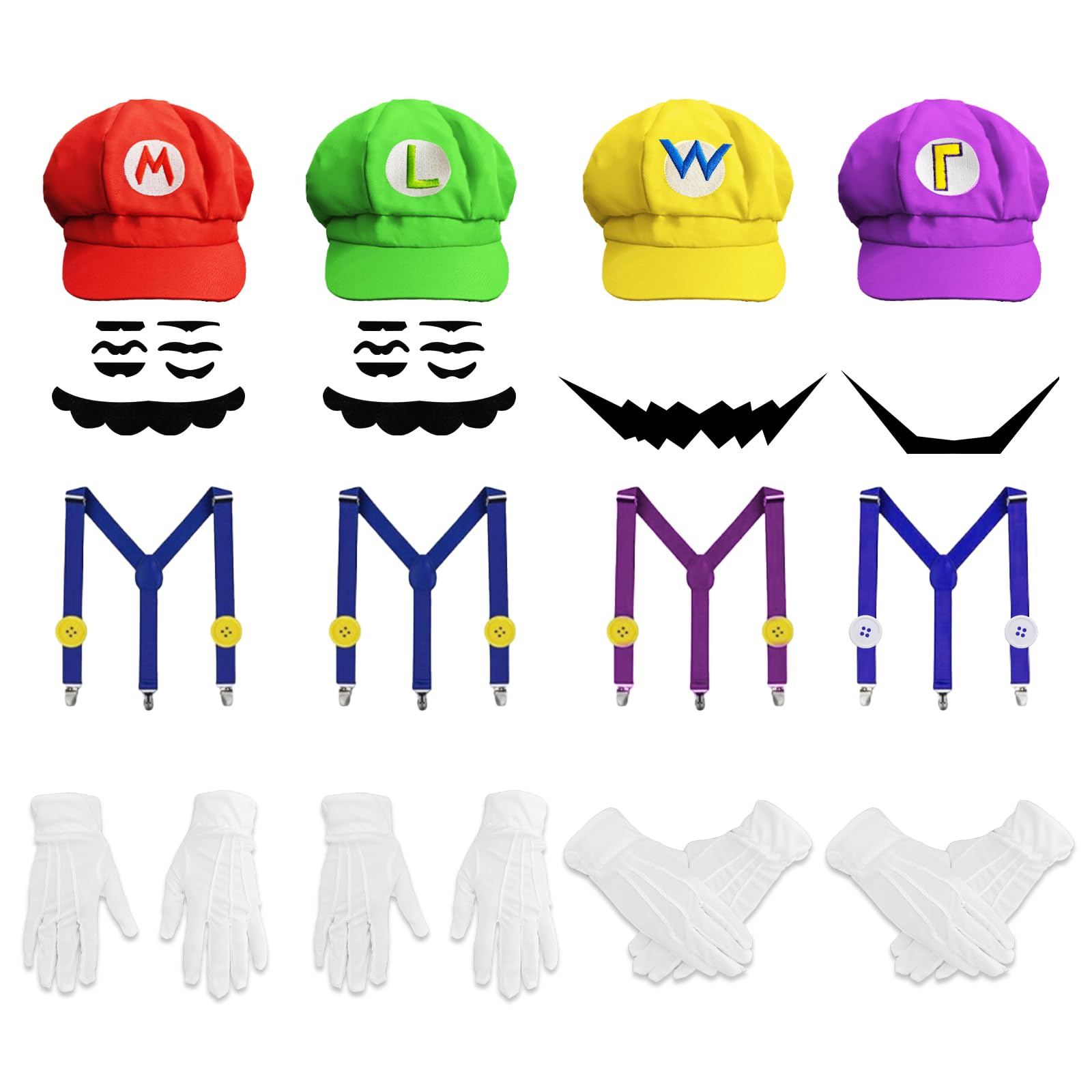 Photo 1 of 4 Set Super Bros Halloween Costume for Adult,Super Bros Hats Accessories Mary Luigi Caps, Mustaches, Suspenders, Gloves Buttons Set