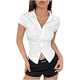 SweatyRocks Women's Short Sleeve Button Down Ruched T Shirt Fitted Crop Top