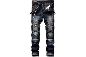 AITITIA Men's Biker Zipper Deco Washed Straight Fit Jeans