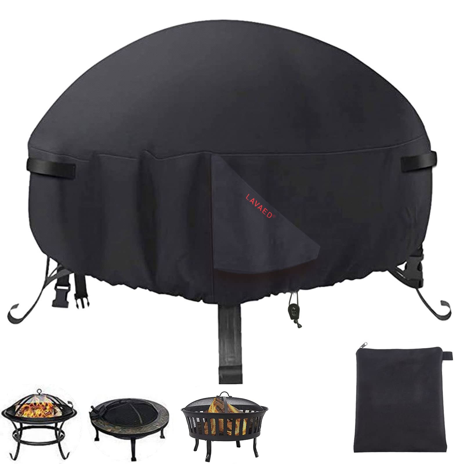 LAVAED Heavy Duty 600D Outdoor Round Fire Pit Cover for Fire Pit 26-30 inch,Waterproof Full Coverage Patio Round Fire Pit Cover, Dustproof Oxford Cloth Outdoor Fireplace Cover, Black