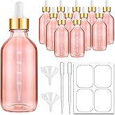 Pink Dropper Bottles 4oz, Bumobum Oil Bottles for Hair Glass Eye Dropper Bottle for Essential Oils with Labels and Funnels, 12 Pack Tincture Bottles with Golden Top (Plastic Dropper with Measurements)