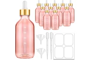 Pink Dropper Bottles 4oz, Bumobum Oil Bottles for Hair Glass Eye Dropper Bottle for Essential Oils with Labels and Funnels, 12 Pack Tincture Bottles with Golden Top (Plastic Dropper with Measurements)
