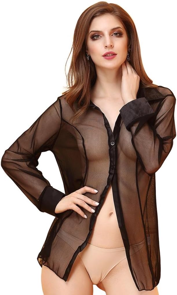 DSJNY Sexy Lingerie Net Yarn Fashion Sexy Lingerie Women Lapel Long-Sleeved Perspective Net Yarn Equipment, 1