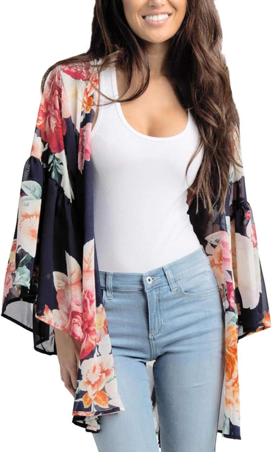 Womens Kimonos Open Front Half Sleeve Lace Patchwork Sheer Chiffon Cardigan Blouse Tops