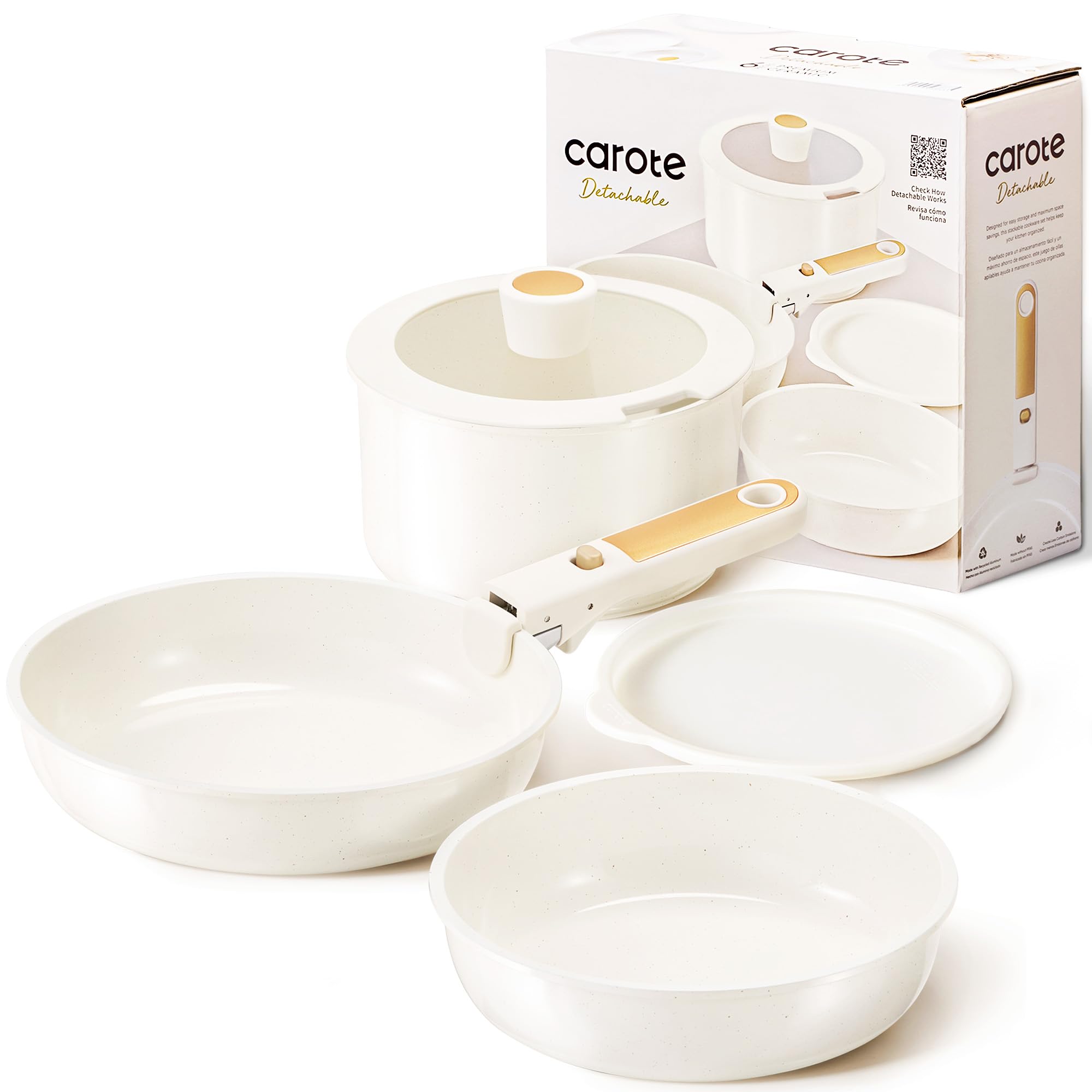 CAROTE 6pcs Pots and Pans Set Non Stick, Cookware Sets, Kitchen Set, Oven/Fridge Safe, Space Saving Pots Set, Nonstick Cooking Set with Versatile Detachable Handle, Induction RV Set Image