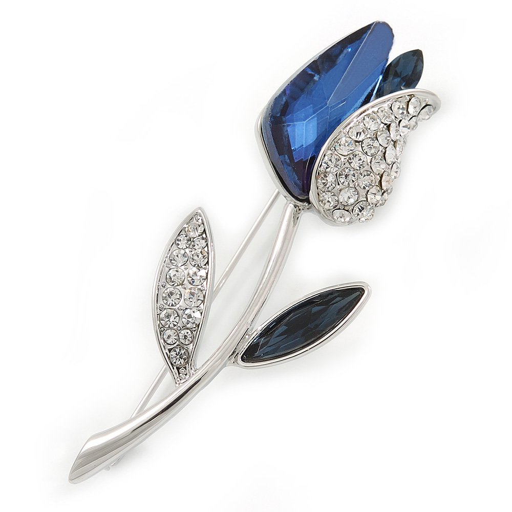 Exquisite Tulip Brooch In Rhodium Plated Metal (Blue/Clear) - 60mm L