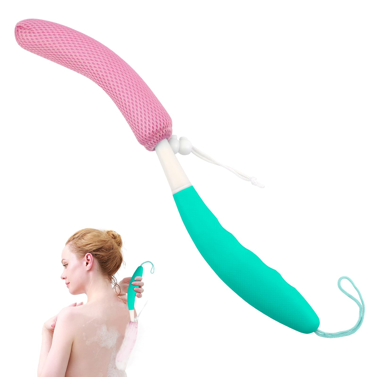 KkaFFe Back Scrubber for Shower，Mesh Sponge Body Shower Brush with Long Handle for Use in Shower Back Scrubber,Back Scrub for Exfoliating Body Scrubber or Shower Brush(Green-Pink)