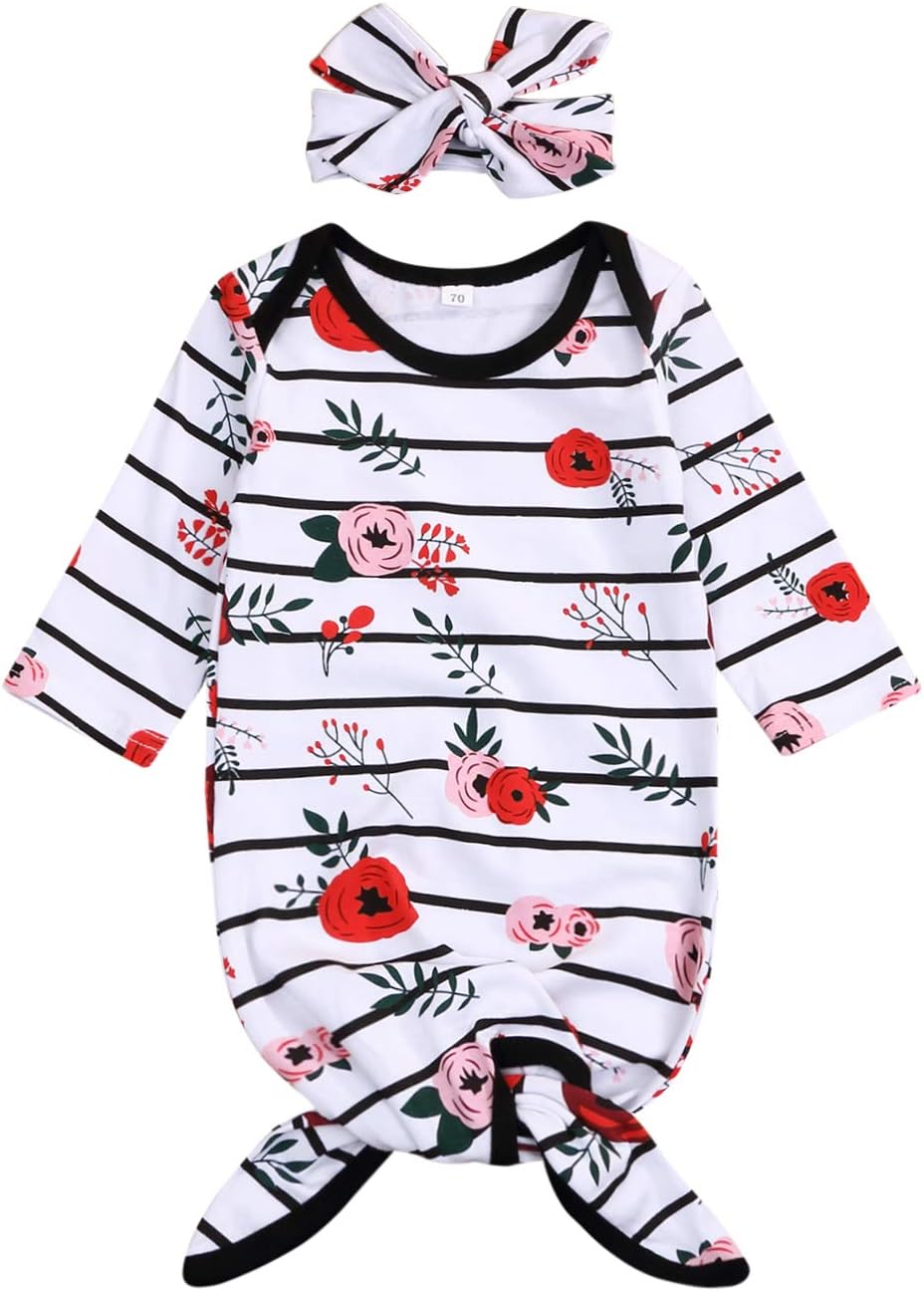 Mini honey Newborn Baby Sleepy Floral Striped Gown Headband Sleepwear Romper Sleeping Bags
