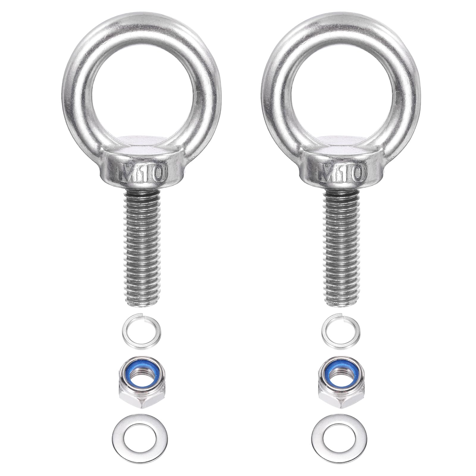 PATIKIL M10 x 40mm Lifting Shoulder Eye Bolt, 2Pcs 304 Stainless Steel Lifting Ring Threaded Eyebolt with Nuts Washers for Hanging Hammocks Articles