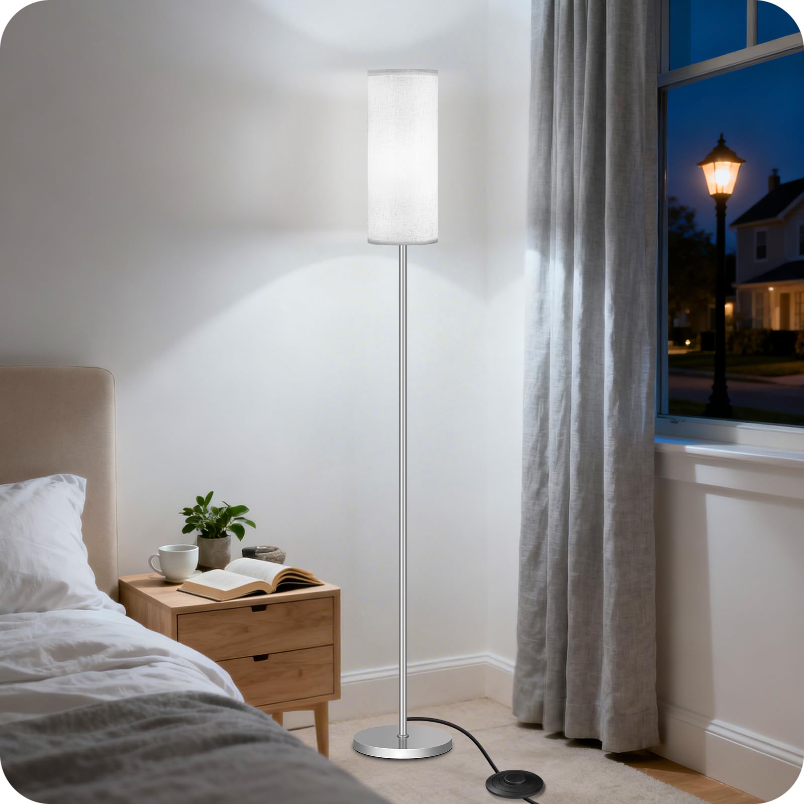 GOEBLESON Dimmable Floor Lamps for Living Room with Remote and Foot Switch, 64.4” Modern Standing Tall Lamp, Corner Lamp for Office, Bulb Included, 3000K-6500K, Silver and Off-White SW06LD05W1 Image