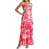 XinFSh Women's Summer Floral Wedding Guest Dresses One Shoulder Bodycon Tiered Ruffle Maxi Long Cocktail Party Dress