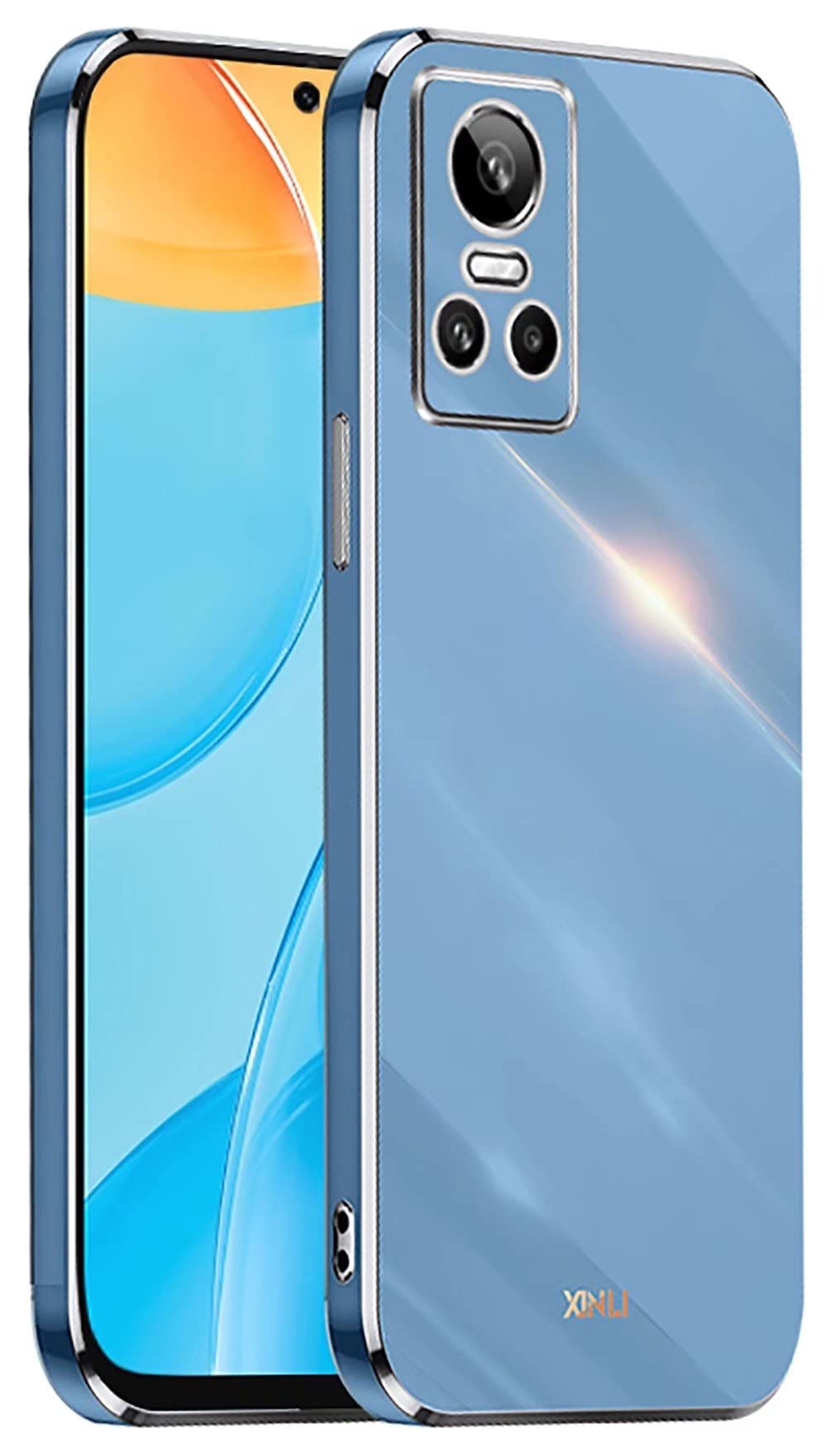 YUWEN Phone Cover Case for Realme GT Neo 3, Golden-Edge Design Colorful Shiny TPU Silicone Stylish Telephone Sleeve Shell - Blue
